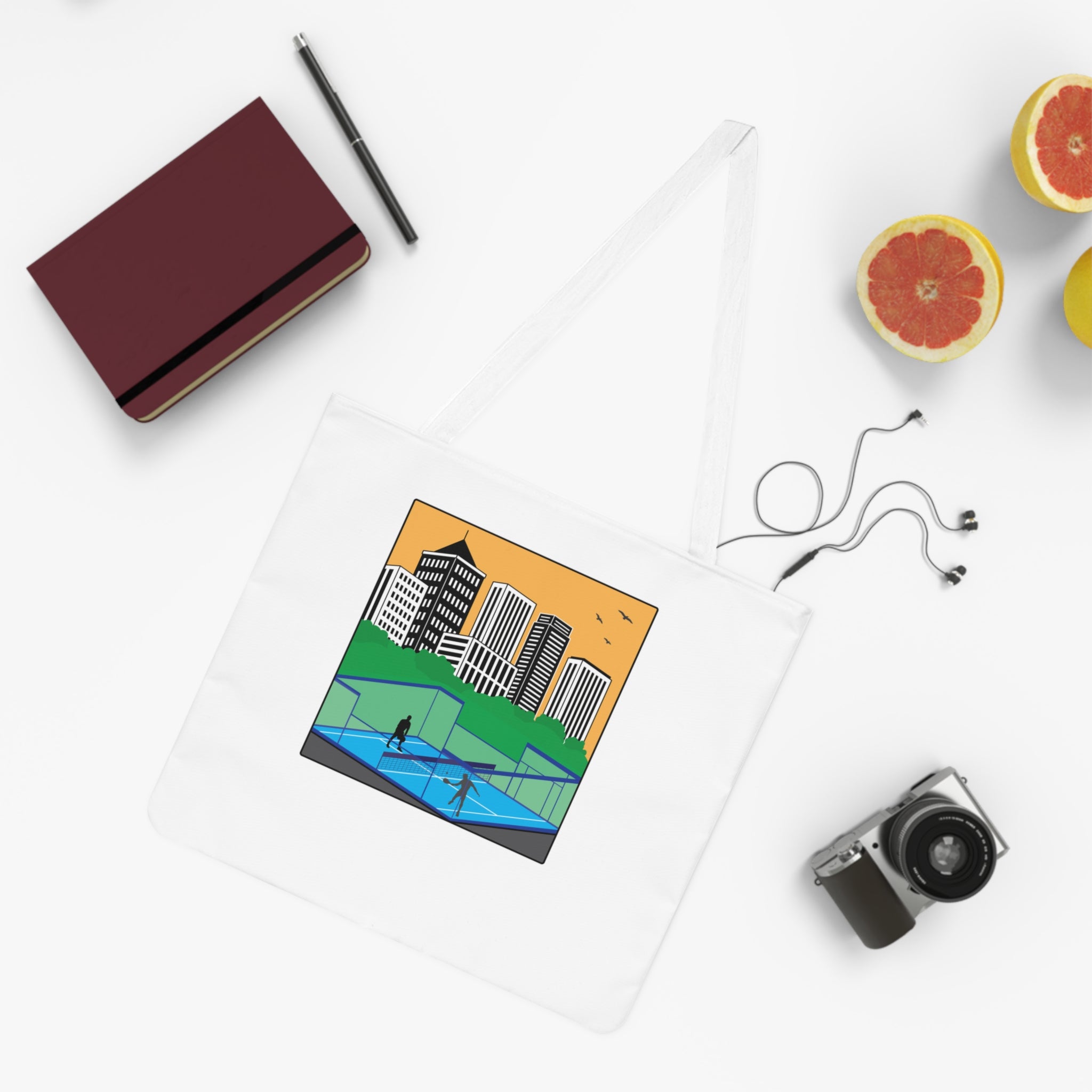 City Park Padel Scene Tote Bag | Urban Skyline, Players, Court