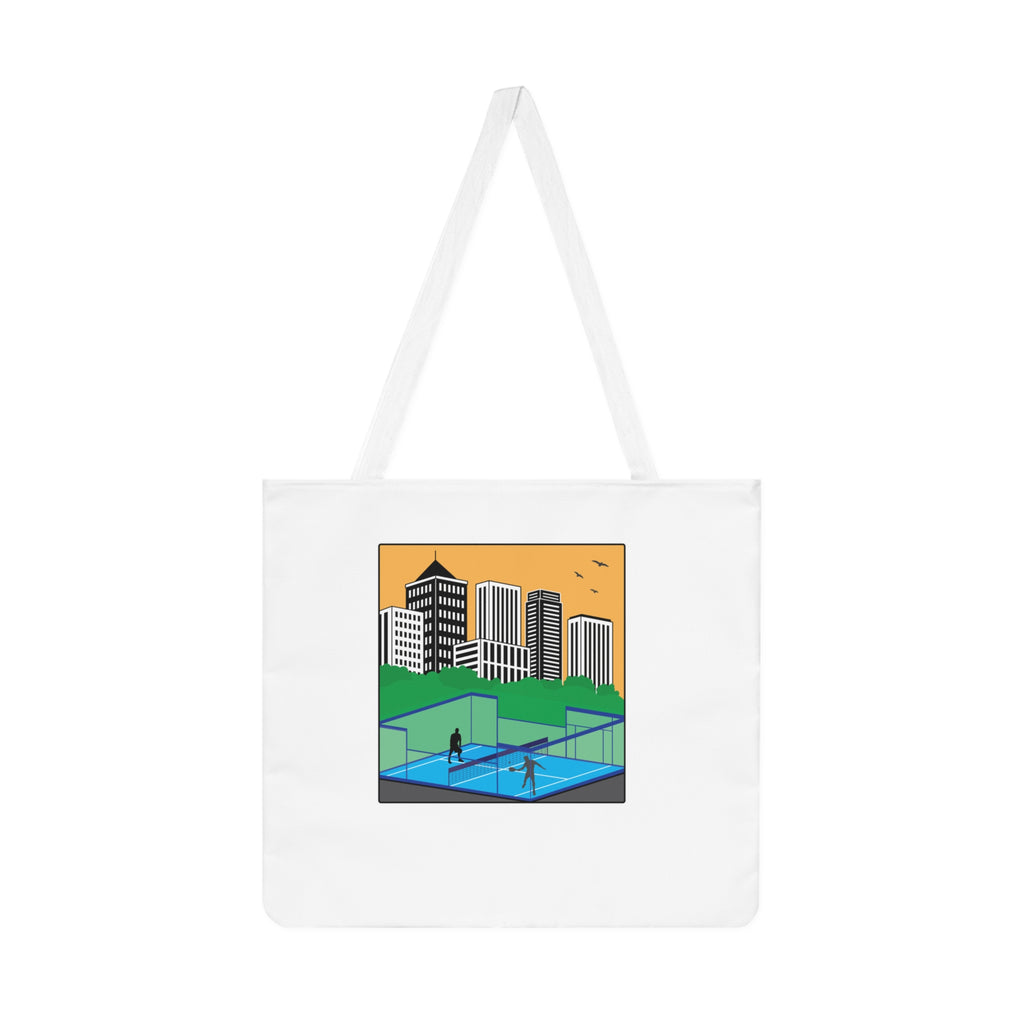 City Park Padel Scene Tote Bag | Urban Skyline, Players, Court